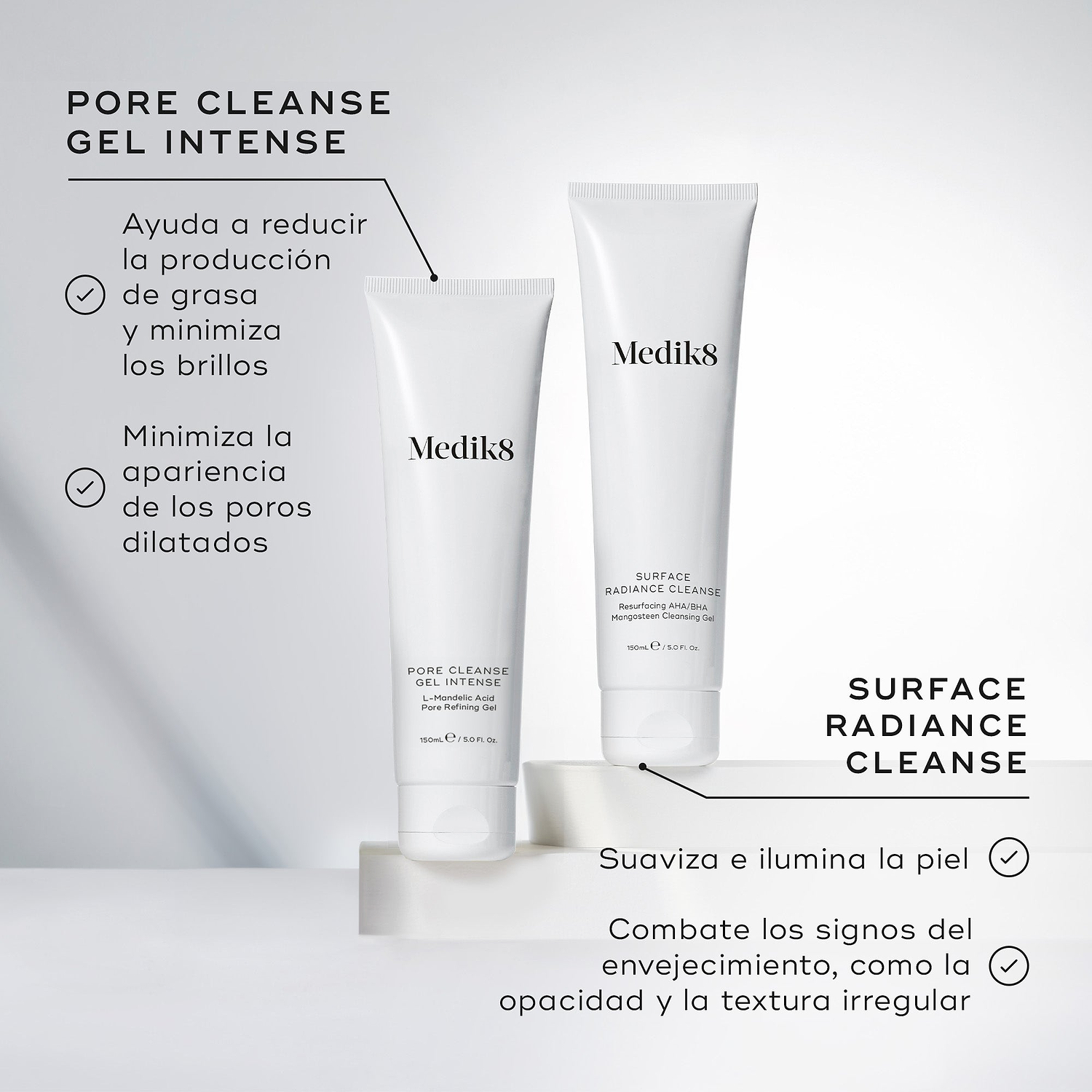 Tubos de Medik8 Pore Cleanse Gel Intense y Surface Radiance Cleanse exhibidos juntos sobre bloques blancos. El texto de Pore Cleanse Gel Intense indica que ayuda a reducir la grasa, minimizar el brillo y la apariencia de los poros dilatados. El texto de Surface Radiance Cleanse destaca el alisado y la luminosidad de la piel, además de combatir los signos del envejecimiento, como la opacidad y la textura desigual.