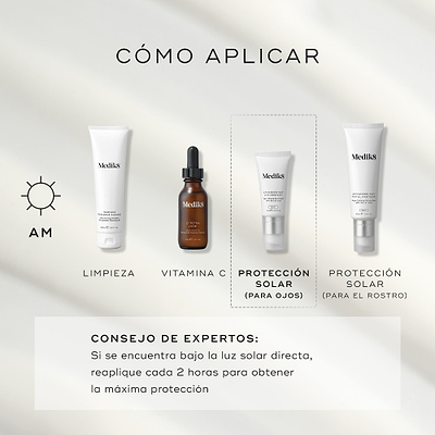 Cuatro productos de Medik8 están organizados para una rutina matutina de cuidado de la piel sobre un fondo gris claro. Los pasos incluyen Surface Radiance Cleanse, C-Tetra Luxe (Vitamina C), Advanced Day Eye Protect (protector solar para ojos) y Advanced Day Total Protect (protector solar para el rostro). El consejo experto recomienda volver a aplicar cada 2 horas si se está bajo la luz solar directa.