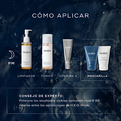 Diagrama «CÓMO APLICAR EN CAPAS» que ilustra una rutina de cuidado de la piel PM. Incluye Limpieza (Medik8 Lipid-Balance Cleansing Oil), Tónico (Medik8 Press & Glow), Vitamina A (Medik8 Crystal Retinal) y Mascarilla (Medik8 H.E.O. Mask Paso 1 y Paso 2). El consejo experto sugiere aplicar Hydr8 B5 Intense entre las aplicaciones de H.E.O. Mask para potenciar los resultados visibles.

