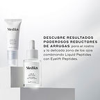 Se muestran un frasco cuentagotas de vidrio transparente del sérum Liquid Peptides y un tubo de Eyelift Peptides. El texto indica: “DESCUBRE POTENTES RESULTADOS REDUCTORES DE ARRUGAS” para el rostro y la delicada zona del contorno de ojos al combinar Liquid Peptides con Eyelift Peptides.