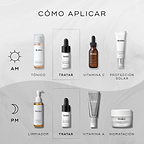 Diagrama «CÓMO APLICAR EN CAPAS» que ilustra rutinas de cuidado de la piel. La rutina de AM incluye Tónico (Medik8 Press & Glow), Tratamiento específico (Medik8 Oxy-R Peptides), Vitamina C (Medik8 C-Tetra Luxe) y Protector solar (Medik8 Advanced Day Total Protect). La rutina de PM incluye Limpieza (Medik8 Lipid-Balance Cleansing Oil), Tratamiento específico (Medik8 Oxy-R Peptides), Vitamina A (Medik8 Crystal Retinal) e Hidratación (Medik8 Advanced Night Restore).
