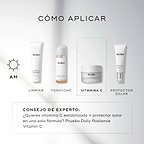 Una guía “HOW TO LAYER” de Medik8 sobre fondo blanco con luz suave muestra una rutina AM de cuatro pasos:


Cleanse: Surface Radiance Cleanse


Tone: Press & Glow


Vitamin C: C-Tetra Cream


Sunscreen: Advanced Day Ultimate Protect


Consejo experto: recomienda Daily Radiance Vitamin C como opción todo en uno con vitamina C estabilizada y SPF.