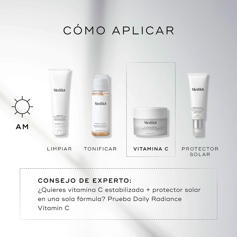 Una guía “HOW TO LAYER” de Medik8 sobre fondo blanco con luz suave muestra una rutina AM de cuatro pasos:


Cleanse: Surface Radiance Cleanse


Tone: Press & Glow


Vitamin C: C-Tetra Cream


Sunscreen: Advanced Day Ultimate Protect


Consejo experto: recomienda Daily Radiance Vitamin C como opción todo en uno con vitamina C estabilizada y SPF.