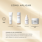 Una guía matutina “Cómo aplicar las capas” presenta Medik8 Daily Radiance Vitamin C como el paso final de “Vitamina C + SPF”. La rutina comienza con Surface Radiance Cleanse (Limpiar), seguido de Press & Glow (Tonificar) y Liquid Peptides (Tratar). El consejo experto indica volver a aplicar cada 2 horas en caso de exposición solar intensa para obtener la máxima protección UV.