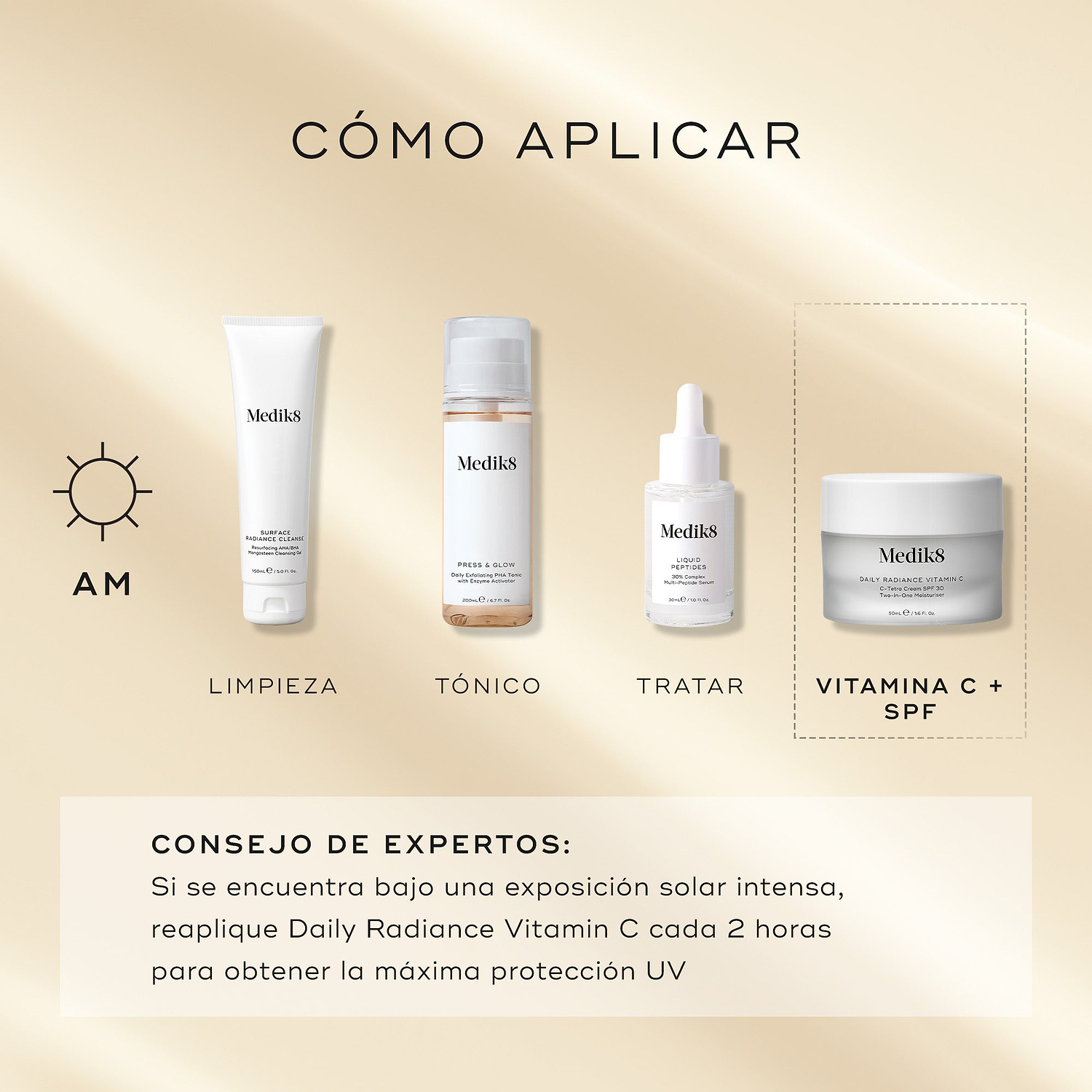 Una guía matutina “Cómo aplicar las capas” presenta Medik8 Daily Radiance Vitamin C como el paso final de “Vitamina C + SPF”. La rutina comienza con Surface Radiance Cleanse (Limpiar), seguido de Press & Glow (Tonificar) y Liquid Peptides (Tratar). El consejo experto indica volver a aplicar cada 2 horas en caso de exposición solar intensa para obtener la máxima protección UV.