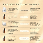 Un gráfico comparativo titulado “Encuentra tu vitamina C” presenta cinco productos diferentes. Daily Radiance Vitamin C aparece como una “Crema hidratante 2 en 1 con vitamina C + SPF 30”, que contiene un 7 % de vitamina C, descrita como un ingrediente que potencia la luminosidad de la piel y protege el cutis con SPF 30.