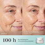 Comparación en pantalla dividida de antes y después de la mejilla y el área de los ojos de una mujer, con un círculo punteado que resalta una piel visiblemente más rellena y una reducción de las arrugas en la foto «INMEDIATAMENTE DESPUÉS». El texto indica «100 horas de hidratación clínicamente comprobada*» junto a una imagen del tarro de Medik8 Total Moisture.
