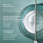 Infografía titulada «¿QUÉ HAY DENTRO?» sobre un fondo color verde azulado, que muestra una vista superior de un recipiente de vidrio con una espiral de crema blanca y líquido transparente junto a una espátula metálica. El texto señala los ingredientes clave: **PÉPTIDO PREBIÓTICO** (mantiene un microbioma cutáneo equilibrado), **ÁCIDO HIALURÓNICO DE MÚLTIPLES PESOS MOLECULARES** (deja la piel hidratada y flexible) y **CERAMIDAS Y LÍPIDOS** (restauran y nutren visiblemente).