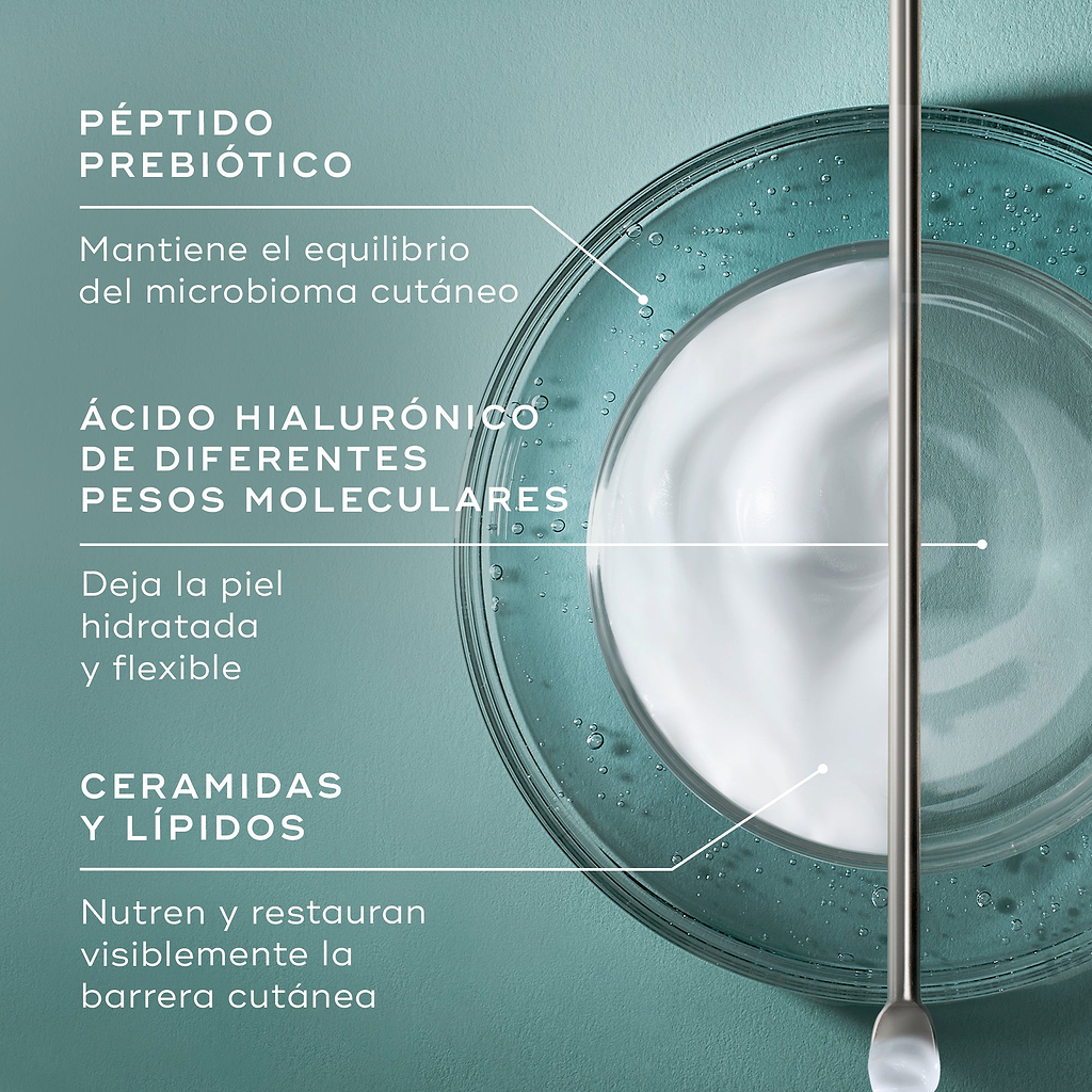 Infografía titulada «¿QUÉ HAY DENTRO?» sobre un fondo color verde azulado, que muestra una vista superior de un recipiente de vidrio con una espiral de crema blanca y líquido transparente junto a una espátula metálica. El texto señala los ingredientes clave: **PÉPTIDO PREBIÓTICO** (mantiene un microbioma cutáneo equilibrado), **ÁCIDO HIALURÓNICO DE MÚLTIPLES PESOS MOLECULARES** (deja la piel hidratada y flexible) y **CERAMIDAS Y LÍPIDOS** (restauran y nutren visiblemente).