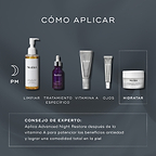 Una infografía titulada “Cómo aplicar las capas” presenta una rutina de cuidado de la piel nocturna sobre un fondo oscuro. Muestra productos de Medik8 para limpieza, tratamiento, vitamina A, contorno de ojos e hidratación, incluyendo Advanced Night Restore como el paso final de hidratación, junto con consejos expertos sobre el orden de aplicación.