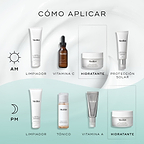 Infografía titulada «CÓMO APLICAR EN CAPAS» que muestra las rutinas de cuidado de la piel de mañana y noche. La rutina de AM sobre un fondo blanco incluye Limpieza, Vitamina C (C-Tetra Luxe), Hidratación (Total Moisture Daily Facial Cream) y Protector solar. La rutina de PM sobre un fondo azul claro incluye Limpieza, Tonificación (Press & Glow), Vitamina A (Crystal Retinal) e Hidratación (Total Moisture Daily Facial Cream).