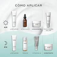 Infografía titulada «CÓMO APLICAR EN CAPAS» que muestra las rutinas de cuidado de la piel de mañana y noche. La rutina de AM sobre un fondo blanco incluye Limpieza, Vitamina C (C-Tetra Luxe), Hidratación (Total Moisture Daily Facial Cream) y Protector solar. La rutina de PM sobre un fondo azul claro incluye Limpieza, Tonificación (Press & Glow), Vitamina A (Crystal Retinal) e Hidratación (Total Moisture Daily Facial Cream).