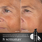 **8 semanas**: Comparación de antes y después tras 8 semanas que muestra el área de los ojos y la mejilla de una persona, ilustrando una reducción en la apariencia de las arrugas profundas. Debajo de las imágenes, el texto indica: **«Clínicamente probado para mejorar la apariencia de las arrugas profundas en 8 semanas»**.
