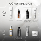 Diagrama titulado **«CÓMO APLICAR EN CAPAS»**. La rutina de **AM** incluye Limpieza (Medik8 Surface Radiance Cleanse), Vitamina C (Medik8 C-Tetra Luxe), Tratamiento específico (Medik8 Liquid Peptides Advanced MP) y Protector solar (Medik8 Advanced Day Total Protect). La rutina de **PM** incluye Limpieza (Medik8 Lipid-Balance Cleansing Oil), Tratamiento específico (Medik8 Liquid Peptides Advanced MP), Vitamina A (Medik8 Crystal Retinal) e Hidratación (Medik8 Advanced Night Restore).

