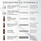 «Infografía de Medik8 titulada «DESCUBRA SU VITAMINA C» sobre un fondo gris claro con detalles de sombras suaves. La imagen muestra una lista vertical de seis productos con vitamina C ordenados por potencia:

C-Tetra Cream: 3 % de vitamina C, para quienes se inician en el uso de la vitamina C o desean una textura hidratante.

Daily Radiance Vitamin C: un 7 % de vitamina C, descrita como una crema hidratante 2 en 1 con vitamina C y SPF 30.

C-Tetra: un 7 % de vitamina C, un sérum de iniciación perfecto para 