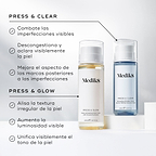 Gráfico comparativo que presenta las botellas de Medik8 Press & Glow y Press & Clear. El texto diferencia Press & Clear por su acción sobre las imperfecciones visibles y Press & Glow por ayudar a suavizar la textura irregular de la piel.
