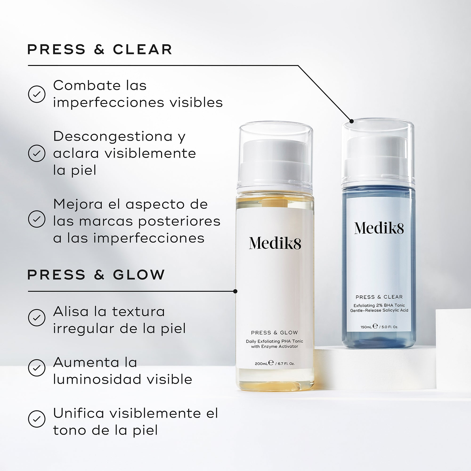 Gráfico comparativo que presenta las botellas de Medik8 Press & Glow y Press & Clear. El texto diferencia Press & Clear por su acción sobre las imperfecciones visibles y Press & Glow por ayudar a suavizar la textura irregular de la piel.
