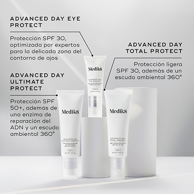 Tres protectores solares de Medik8 mostrados sobre pedestales blancos contra un fondo gris. Las etiquetas identifican Advanced Day Eye Protect (protección SPF 30 para el área de los ojos), Advanced Day Ultimate Protect (protección SPF 50+ con enzimas de reparación del ADN) y Advanced Day Total Protect (SPF 30 ligero con un escudo ambiental 360°).

