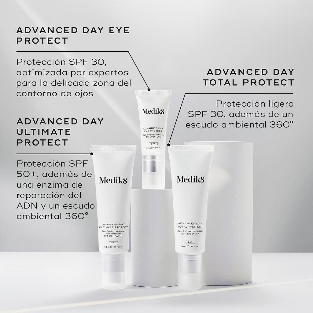 Tres protectores solares de Medik8 mostrados sobre pedestales blancos contra un fondo gris. Las etiquetas identifican Advanced Day Eye Protect (protección SPF 30 para el área de los ojos), Advanced Day Ultimate Protect (protección SPF 50+ con enzimas de reparación del ADN) y Advanced Day Total Protect (SPF 30 ligero con un escudo ambiental 360°).

