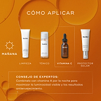 Guía AM “Cómo Aplicar en Capas” sobre un fondo de gotas doradas de aceite. La rutina muestra cuatro productos en este orden: Surface Radiance Cleanse (Limpiar), Press & Glow (Tonificar), C-Tetra Luxe (Vitamina C) y Advanced Day Ultimate Protect (Protector solar). C-Tetra Luxe está resaltado en un recuadro punteado como el paso central.
En la parte inferior, un recuadro de “Consejo de Experto” recomienda continuar con Vitamina A en la rutina de noche para mantener los máximos resultados antiedad.