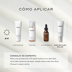 Infografía titulada «HOW TO LAYER» que muestra una rutina matutina de cuatro pasos: Limpieza (Surface Radiance Cleanse), Tónico (Press & Glow), Vitamina C (C-Tetra Luxe) y Protector solar (Advanced Day Ultimate Protect). El consejo experto en la parte inferior sugiere añadir Advanced Day Eye Protect a la rutina para la protección de la delicada zona del contorno de ojos.