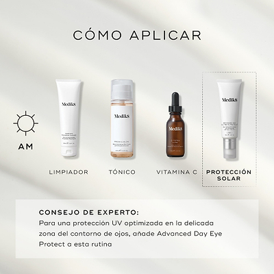 Infografía titulada «HOW TO LAYER» que muestra una rutina matutina de cuatro pasos: Limpieza (Surface Radiance Cleanse), Tónico (Press & Glow), Vitamina C (C-Tetra Luxe) y Protector solar (Advanced Day Ultimate Protect). El consejo experto en la parte inferior sugiere añadir Advanced Day Eye Protect a la rutina para la protección de la delicada zona del contorno de ojos.