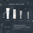 Diagrama «CÓMO APLICAR EN CAPAS» para una rutina de cuidado de la piel PM. Incluye Limpieza (Medik8 Surface Radiance Cleanse), Tónico (Medik8 Press & Glow), Vitamina A (Medik8 Crystal Retinal) y Ojos (Medik8 Crystal Retinal Ceramide Eye). El consejo experto para la rutina AM destaca el uso de protector solar después de productos con vitamina A.
