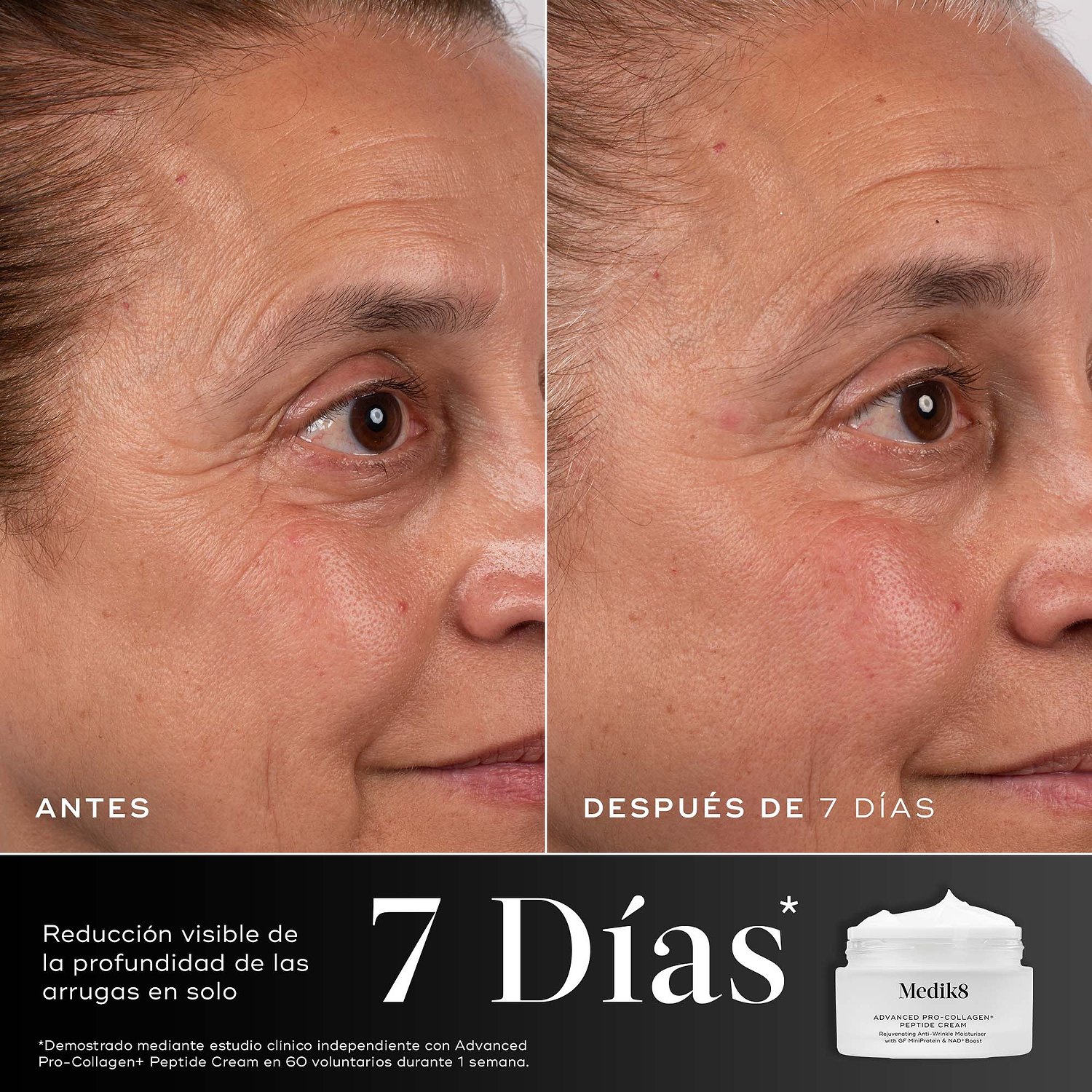 7 días: Comparación de antes y después del área de los ojos de un participante durante 7 días, mostrada junto al tarro de crema Medik8 Advanced Pro-Collagen+ Peptide. El texto destaca que se ha demostrado que el producto reduce visiblemente la profundidad de las arrugas en 7 días.
