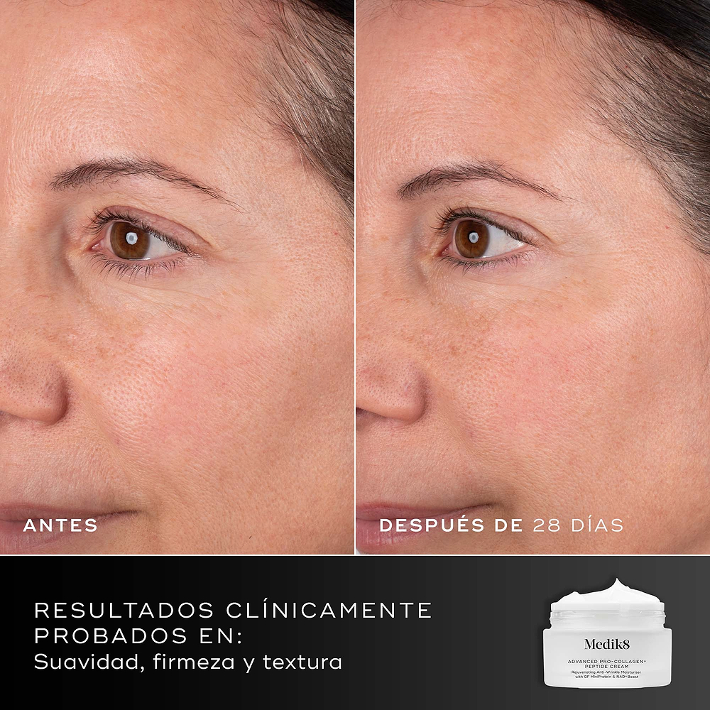 28 días: Comparación de antes y después del rostro de un participante durante 28 días, mostrada junto al tarro de crema Medik8 Advanced Pro-Collagen+ Peptide. El texto destaca resultados clínicamente probados en suavidad, firmeza y textura.