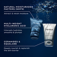 Two tubes of Medik8 H.E.O. Mask (blue Step 1 and white Step 2) are displayed against a background of water droplets. Text callouts highlight key ingredients: NATURAL MOISTURISING FACTORS, MULTI-WEIGHT HYALURONIC ACID. CERAMIDES & SQUALANE