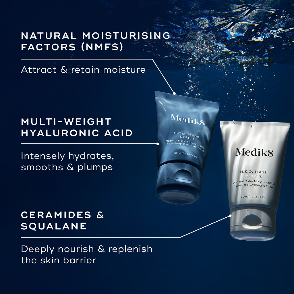 Two tubes of Medik8 H.E.O. Mask (blue Step 1 and white Step 2) are displayed against a background of water droplets. Text callouts highlight key ingredients: NATURAL MOISTURISING FACTORS, MULTI-WEIGHT HYALURONIC ACID. CERAMIDES & SQUALANE