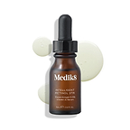 A brown glass dropper bottle of Medik8 Intelligent Retinol 3TR is displayed, with three pale yellow serum droplets on the white surface. 