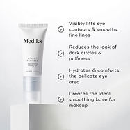 A tube of Eyelift Peptides is displayed. Four bullet points with checkmarks list benefits: Visibly lifts eye contours & smooths fine lines, Reduces the look of dark circles & puffiness, Hydrates & comforts the delicate eye area, and Creates the ideal smoothing base for makeup.