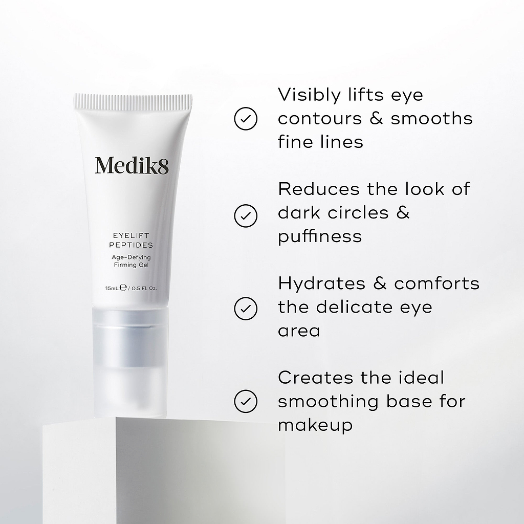 A tube of Eyelift Peptides is displayed. Four bullet points with checkmarks list benefits: Visibly lifts eye contours & smooths fine lines, Reduces the look of dark circles & puffiness, Hydrates & comforts the delicate eye area, and Creates the ideal smoothing base for makeup.