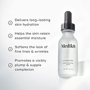 Medik8 Hydr8 B5 serum bottle stands on a white pedestal against a bright white background. Text highlights that the product "Delivers long-lasting skin hydration," "Helps the skin retain essential moisture," "Softens the look of fine lines & wrinkles," and "Promotes a visibly plump & supple complexion."