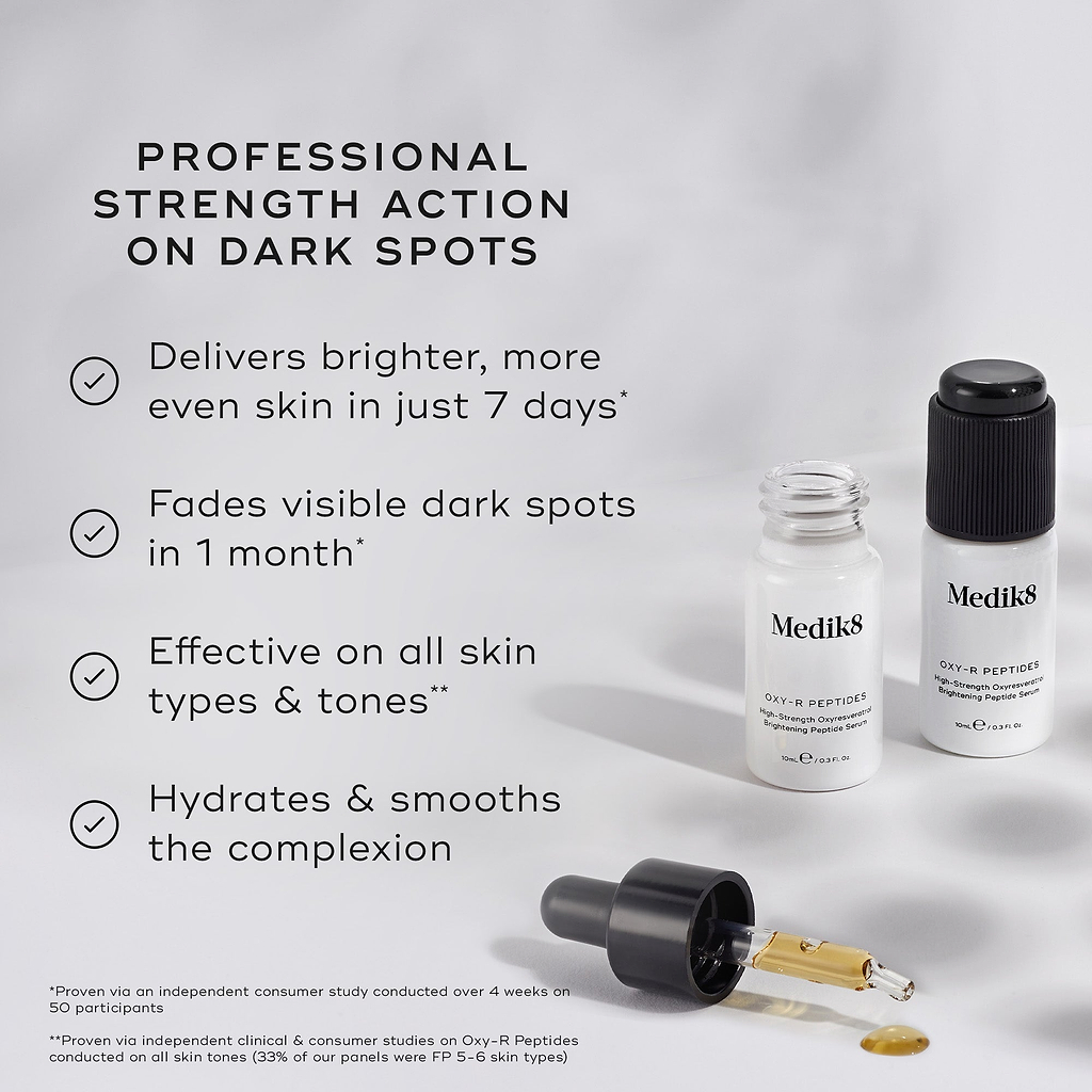 Two small white bottles of Oxy-R Peptides are displayed with drops of yellow serum. Text highlights PROFESSIONAL STRENGTH ACTION ON DARK SPOTS. Benefits listed are: Delivers brighter, more even skin in just 7 days, Fades visible dark spots in 1 month, Effective on all skin types & tones, and Hydrates & smooths the complexion.