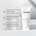 A white tube of Ultimate Recovery Skin Restoring Moisture Locking Cream is featured on a white geometric block. Three bullet points with checkmarks list benefits: Nourishes & comforts compromised, post-treatment skin, Supports the skin's natural reparative process, and Helps to minimise downtime following aesthetic treatments.