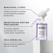 A purple glass dropper bottle of Bakuchiol Peptides serum is displayed. Text callouts detail its key ingredients: BAKUCHIOL (1.25%), BRIGHTENING PEPTIDE PRECURSORS, and INKA OMEGA OIL.