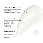 A swatch of Blemish SOS is displayed on a white surface, with a small droplet nearby. Text callouts highlight key ingredients: SALICYLIC ACID (2%) works to break down blemish-causing buildup; NIACINAMIDE reduces visible redness & helps to regulate oil production; and AZELAIC ACID helps to target blemish-causing bacteria.