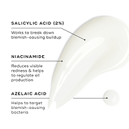A swatch of Blemish SOS is displayed on a white surface, with a small droplet nearby. Text callouts highlight key ingredients: SALICYLIC ACID (2%) works to break down blemish-causing buildup; NIACINAMIDE reduces visible redness & helps to regulate oil production; and AZELAIC ACID helps to target blemish-causing bacteria.