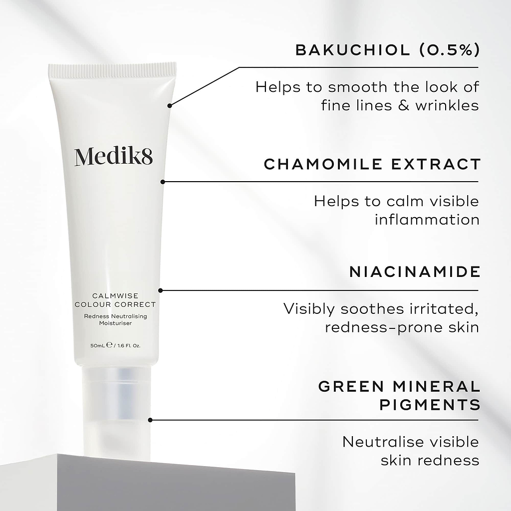 A tube of Calmwise Colour Correct is featured. Text callouts highlight key ingredients: BAKUCHIOL (0.5%), CHAMOMILE EXTRACT, NIACINAMIDE and GREEN MINERAL PIGMENTS