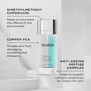A clear bottle of Copper PCA Peptides serum is featured. Text callouts highlight key ingredients: DIMETHYLMETHOXY CHROMANOL, COPPER PCA, ANTI-AGEING PEPTIDE COMPLEX.
