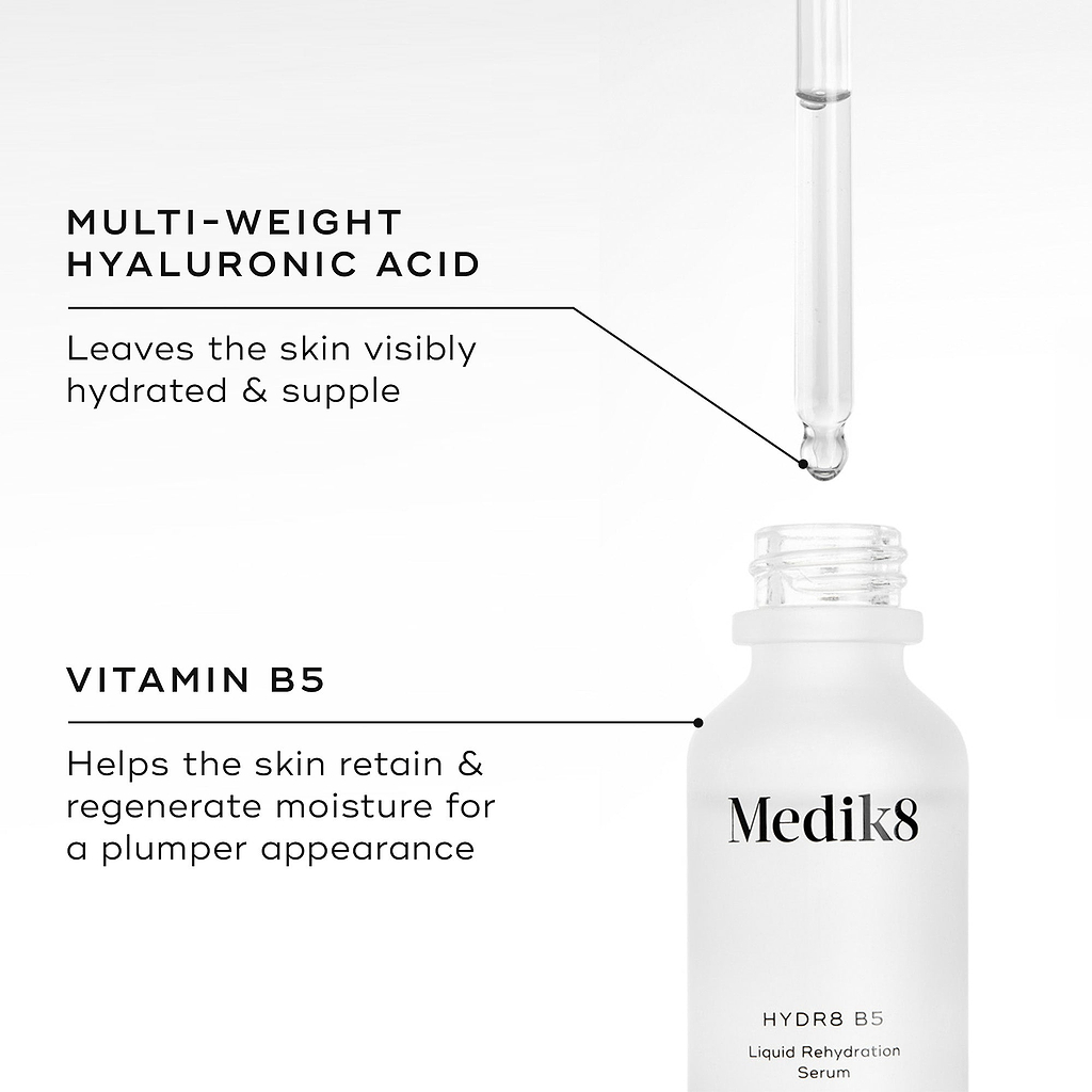 A close-up of the Medik8 Hydr8 B5 serum bottle and dropper with clear liquid. Text highlights key ingredients: "MULTI-WEIGHT HYALURONIC ACID Leaves the skin visibly hydrated & supple" and "VITAMIN B5 Helps the skin retain & regenerate moisture for a plumper appearance."