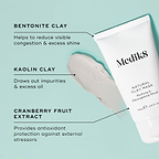 Natural Clay Mask is featured, with a swatch of light grey clay mask. Text callouts highlight key ingredients: BENTONITE CLAY, KAOLIN CLAY, CRANBERRY FRUIT EXTRACT