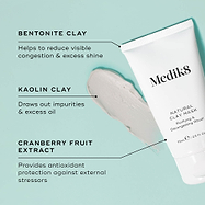 Natural Clay Mask is featured, with a swatch of light grey clay mask. Text callouts highlight key ingredients: BENTONITE CLAY, KAOLIN CLAY, CRANBERRY FRUIT EXTRACT
