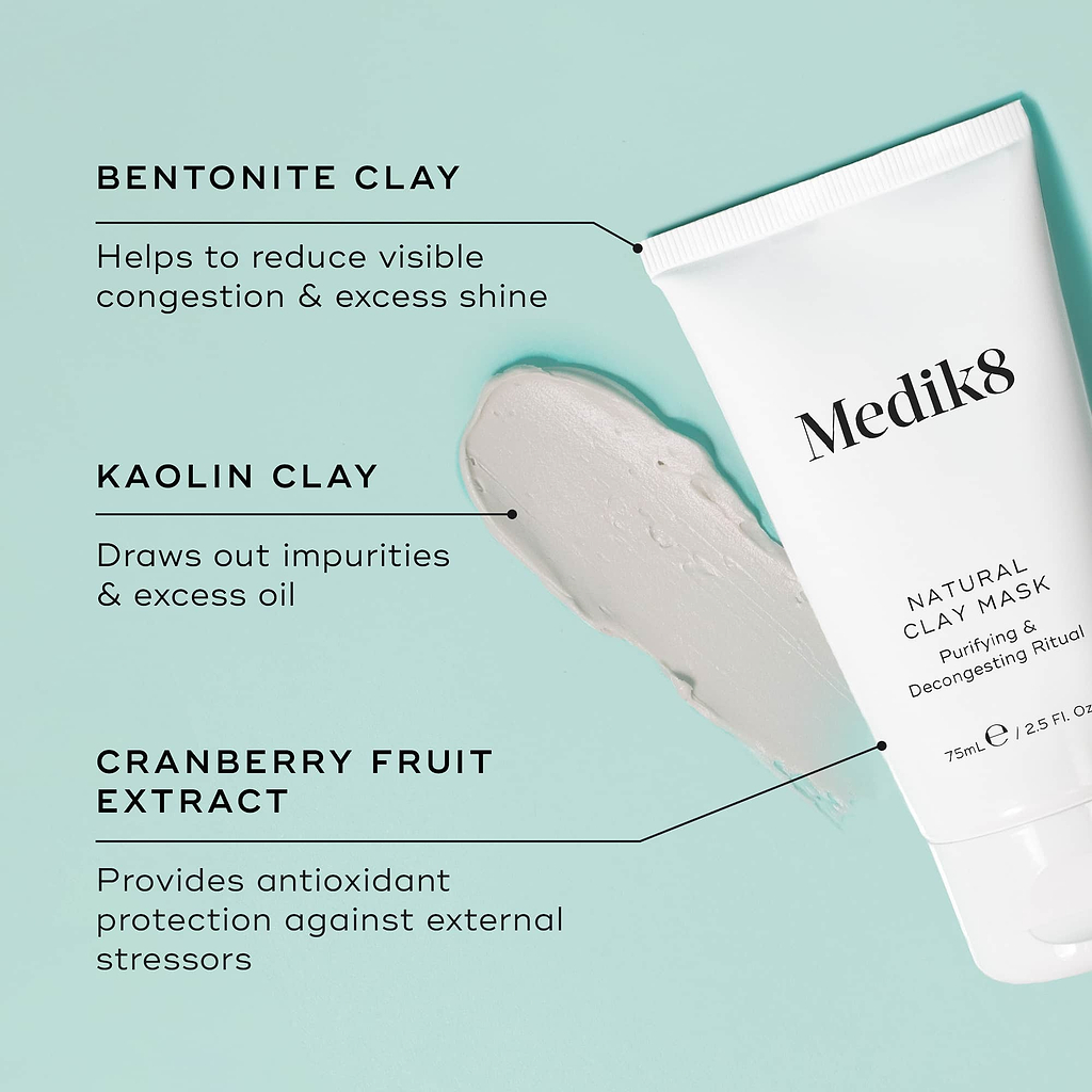 Natural Clay Mask is featured, with a swatch of light grey clay mask. Text callouts highlight key ingredients: BENTONITE CLAY, KAOLIN CLAY, CRANBERRY FRUIT EXTRACT