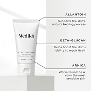 A white tube of Ultimate Recovery Skin Restoring Moisture Locking Cream is featured. Text callouts highlight key ingredients: ALLANTOIN, BETA-GLUCAN, ARNICA.