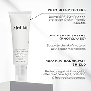 A white tube of Advanced Day Ultimate Protect is featured. Text callouts highlight key ingredients: PREMIUM UV FILTERS, DNA REPAIR ENZYME, and 360° ENVIRONMENTAL SHIELD.