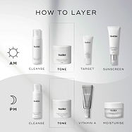 Square image titled “How to Layer,” showing a step-by-step Medik8 skincare routine for blemish-prone skin with icons for AM and PM use. AM sequence includes Cleanse, Tone, Target, and Sunscreen; PM sequence includes Cleanse, Tone, Vitamin A, and Moisturise. Medik8 Blemish Control Pads is highlighted under the “Tone” step in both routines. The background is a clean grey with a soft shadow.