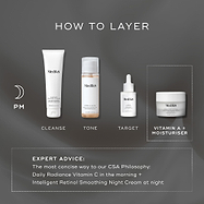 HOW TO LAYER guide showing four products on a dark grey background: 'SURFACE RADIANCE CLEANSER' , 'PRESS & GLOW', TARGET, and VITAMIN A + MOISTURISER